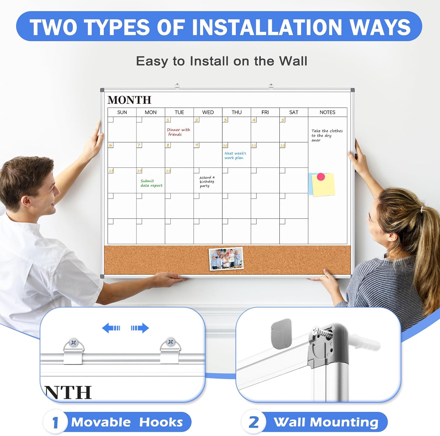 Large Monthly Dry Erase Calendar Whiteboard for Wall, 48' x 36' Double-Sided Big Calendar White Board Cork Board Combo, Aluminum Framed Month Planning Bulletin Board for Office, School, Home