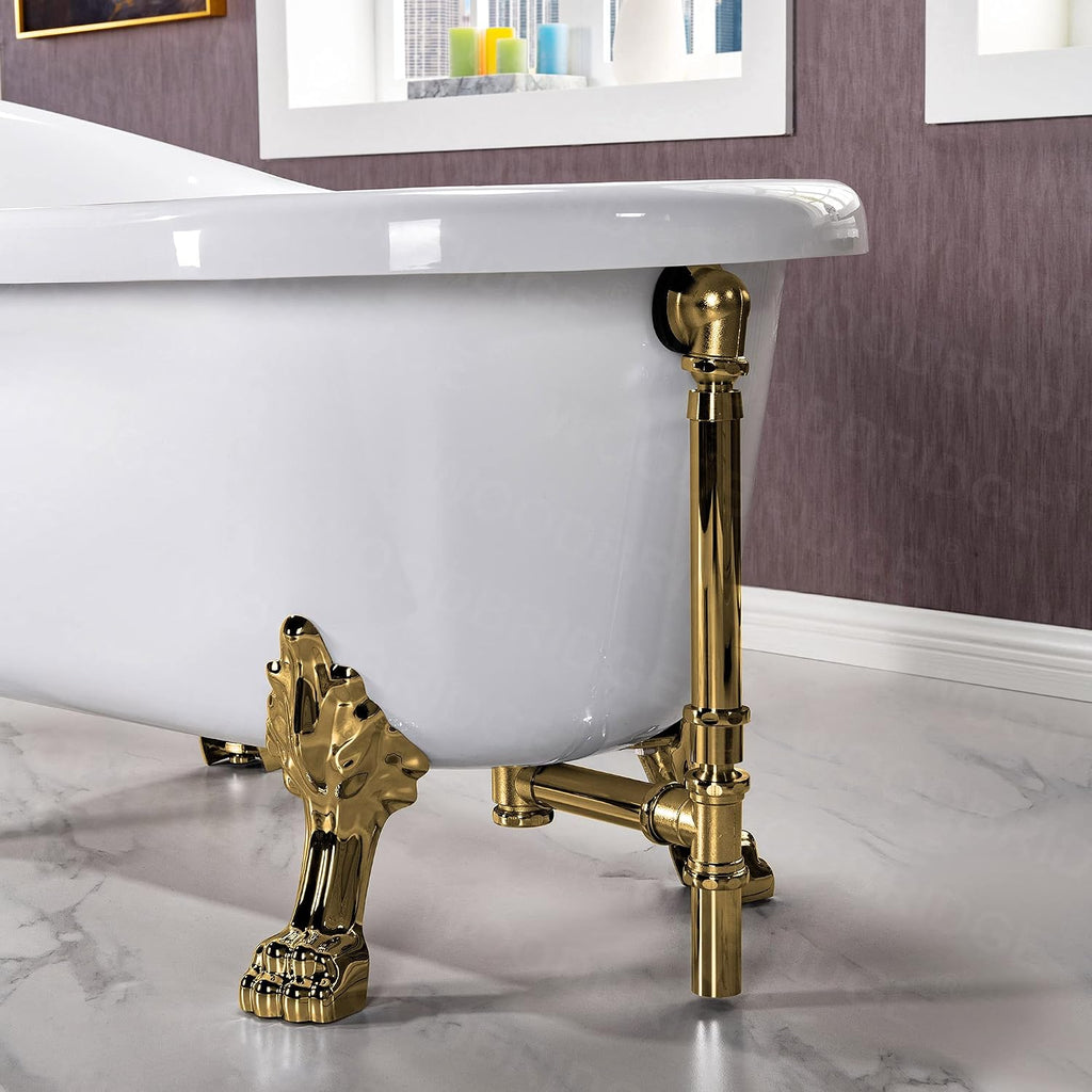 WOODBRIDGE 59' Heavy Duty Acrylic Slipper Clawfoot Bath Tub with Polished Gold Feet + Polished Gold Drain &Overflow