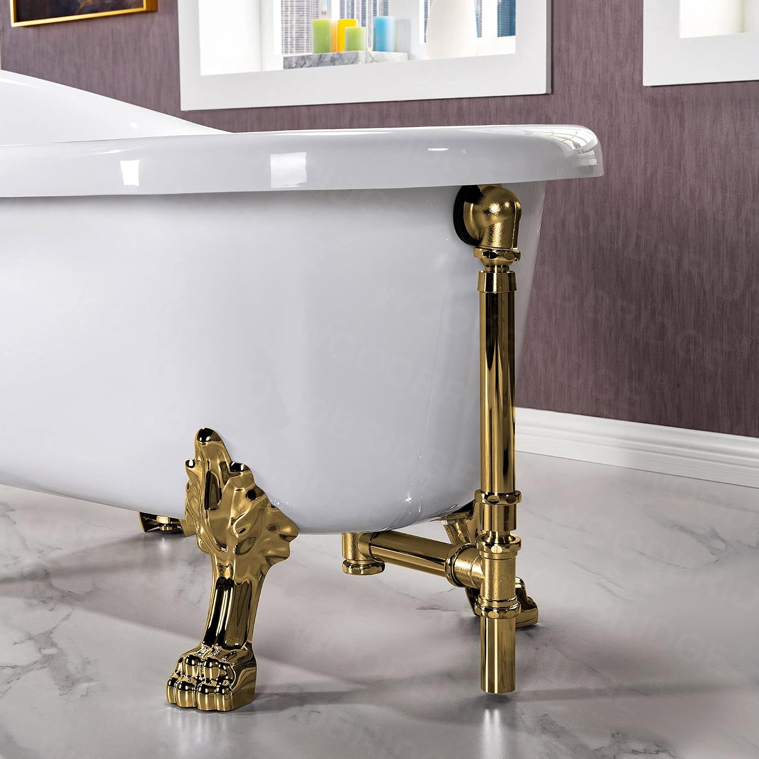 WOODBRIDGE 54' Heavy Duty Acrylic Slipper Clawfoot Bath Tub with Polished Gold Feet + Polished Gold Drain &Overflow