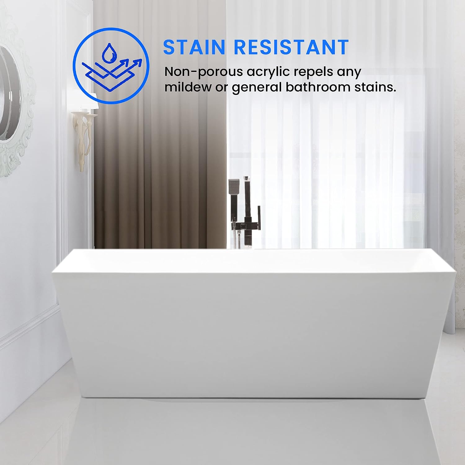 Vanity Art 59 X 29 Inch White Acrylic Freestanding Bathtub | Contemporary Design Soaking Tub with Pop-up Drain and Slotted Overflow Included, UPC Certified VA6814-S-PW