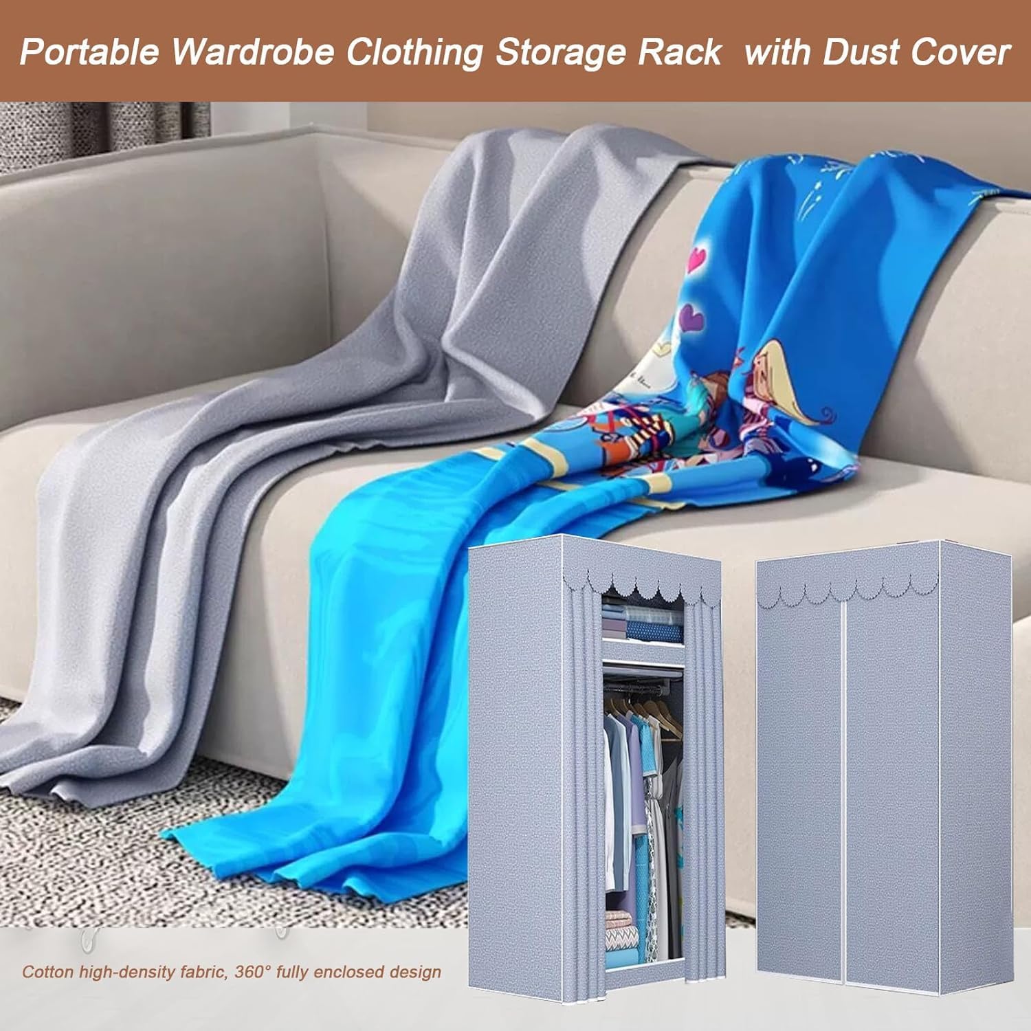 Heavy Duty Extra Large Portable Wardrobe Closets Freestanding Clothing Rack Organizers and Storage with Cotton Cover Metal Foldable Garment Rack for Hanging Clothes Shelves for Bedroom (74.8in), blue