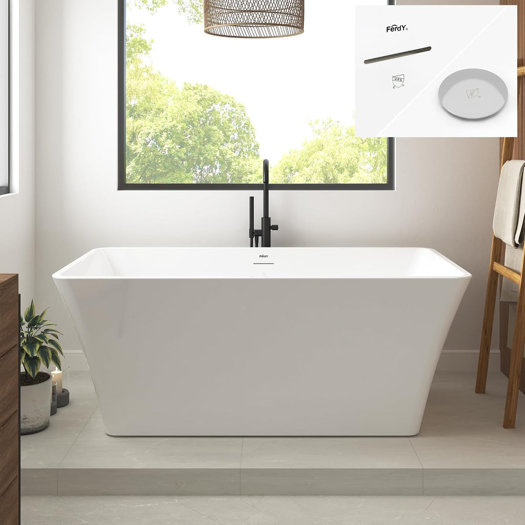 FerdY Sentosa 59' Acrylic Freestanding Bathtub, Contemporary Design Soaking Tub with Polished Chrome Drain and Minimalist Linear Design Overflow, Easy to Install
