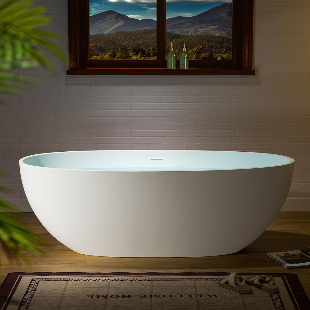 WOODBRIDGE 67' Stone Resin Freestanding Soaking Tub, Modern Oval Solid Surface Bathtub with Integrated Slotted Overflow & Drain, Matte White