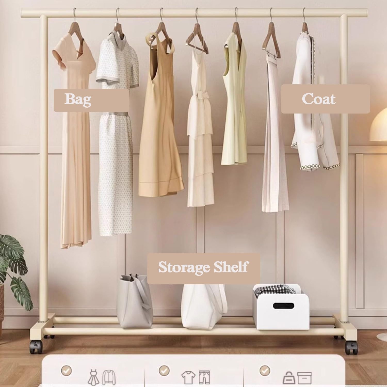 Clothes Garment Rack on Wheels, Metal Clothing Rail for Hanging Clothes, Rolling Clothing Organizer for Bedroom, Laundry Room