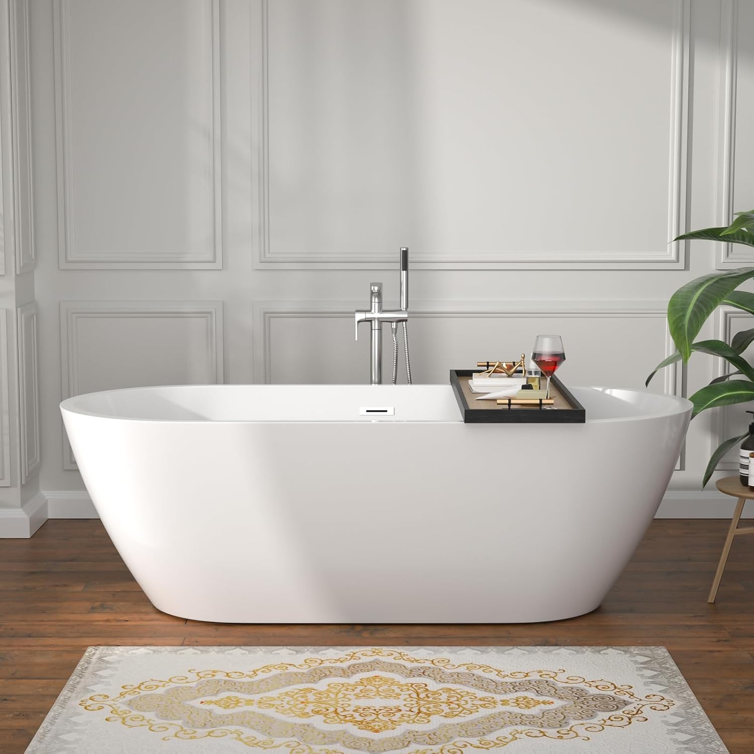 67 Inch Freestanding Acrylic Bathtub White Roll Top Soaking Tub with Smooth Curved Rim, Chrome Drain and Overflow, YSB9217
