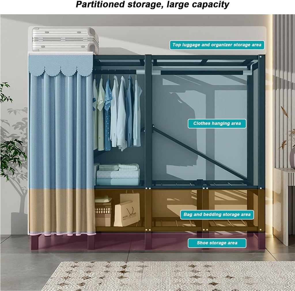 Metal Wardrobe Closet - Bedroom Fabric Wardrobe, Portable Wardrobe Closet Rack, Heavy-Duty Foldable Garment Rack With Cover, 1100lbs, Freestanding Rack Clothes Organizer System, For Corridor(168*50*17