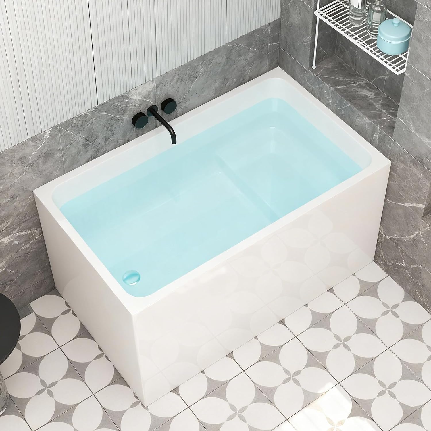 47' Acrylic Freestanding Tub with Seat, Square Shape Soaking Bathtub with Chrome Overflow and Left Drain, Free Standing Acrylic-Bathtubs White
