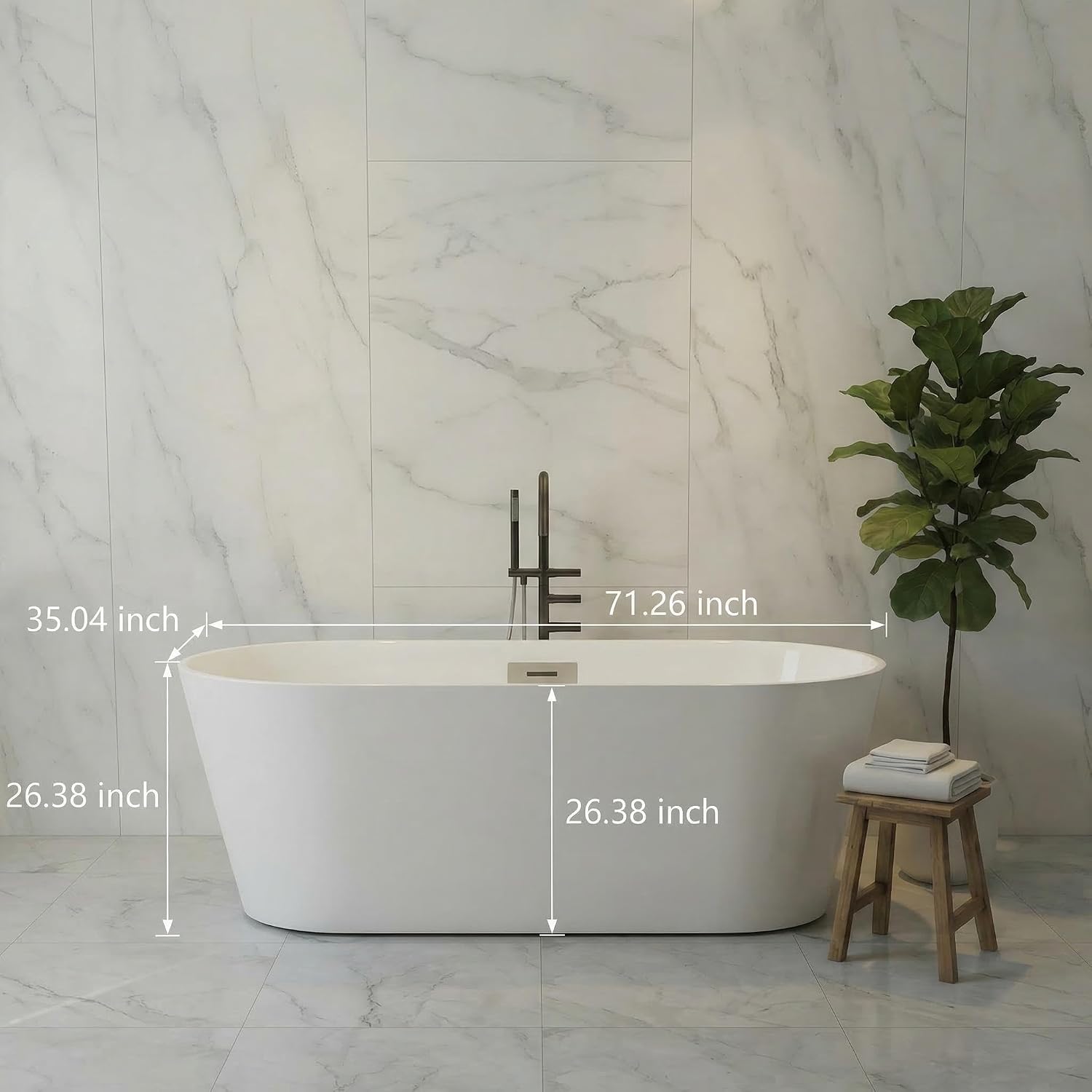 67' Free Standing Tub, Acrylic Soaking Bathtub, Stand Alone Freestanding Tub with Matte Sliver Drain and Overflow, Contemporary Bathtub for Bathroom, Burnish White