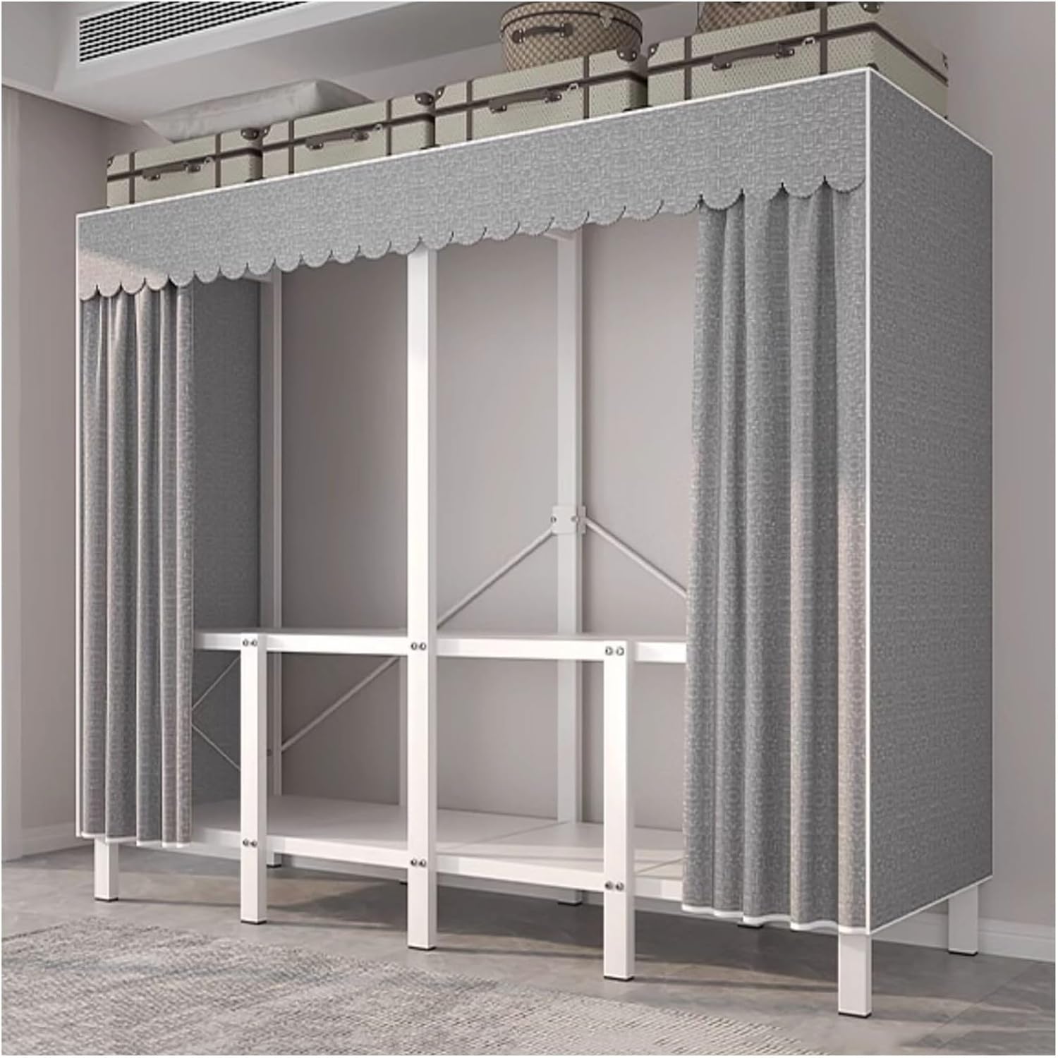 Foldable Portable Wardrobe Closet With Cover, Metal Clothing Rack For Hanging Clothes, Heavy Duty Garment Rack With Hanging Rods, For Bedroom, Dorm(Grey1,150cm/59.1inch)