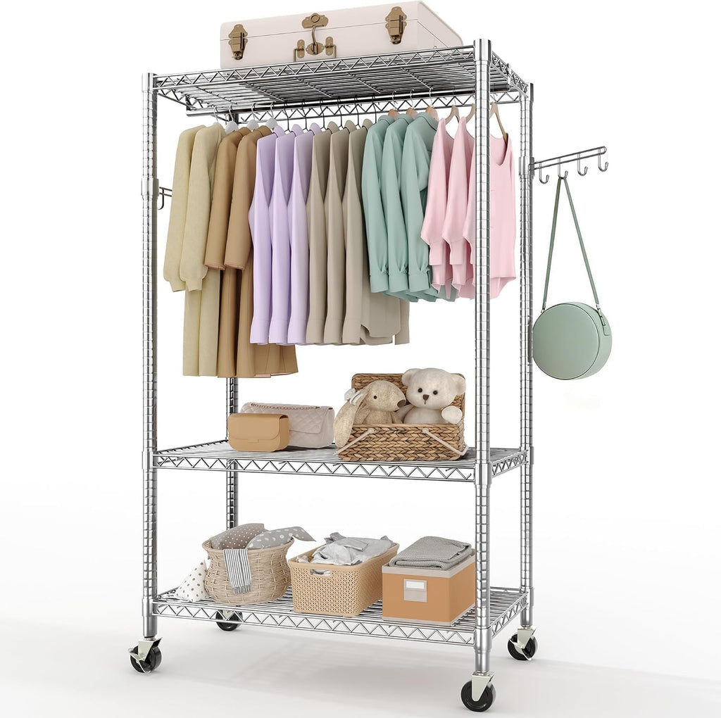 3-Tier Rolling Garment Rack, Heavy Duty Clothing Organizer with Adjustable Shelves & Dual Hanging Rods, Freestanding Metal Rack with Locking Casters for Bedroom, Closet, Dorm, Laundry Room - Silver