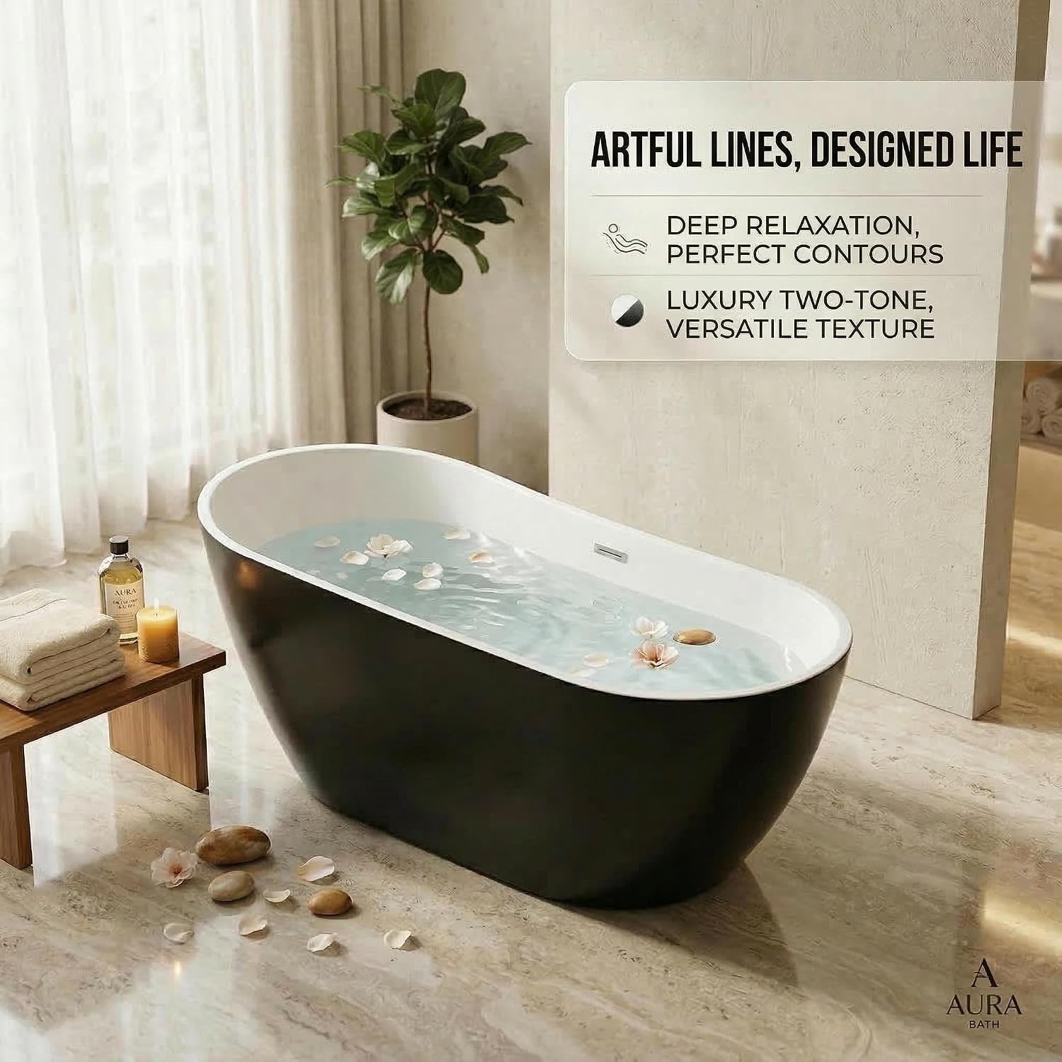 Acrylic Freestanding Bathtub, 67 Inch Deep Soaking Tub, One End Raised, White Interior Black Exterior, Chrome Pop-Up Drain, Overflow, Modern Acrylic Stand Alone Tub for Home, Bathroom