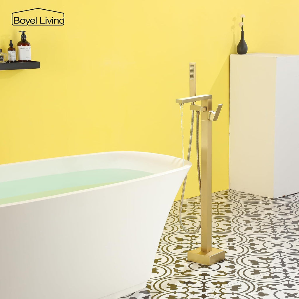 Boyel Living Freestanding Bathtub Faucet Tub Floor Mount Single Handle Filler Faucet with Hand Shower Brushed Gold