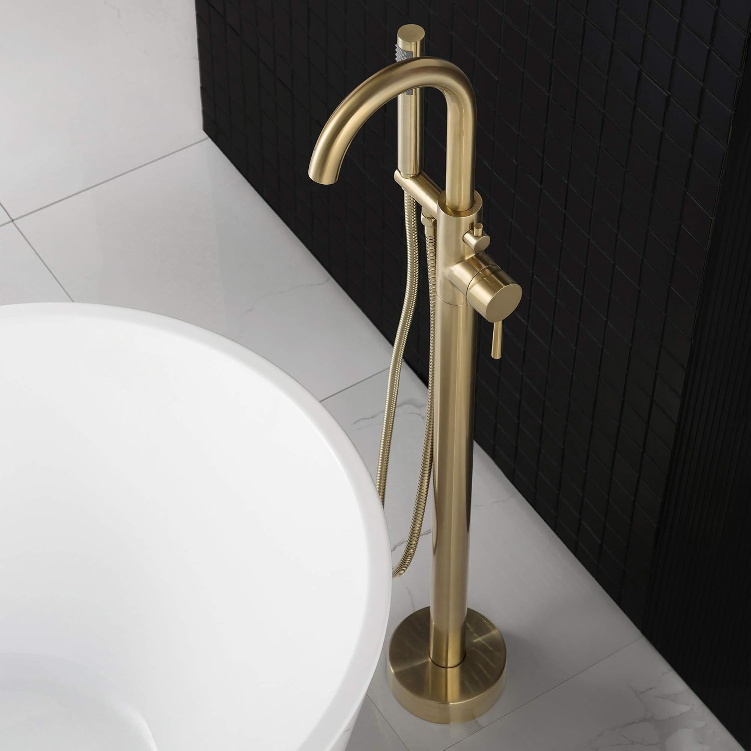WOODBRIDGE F0007 BG Freestanding Tub Filler Bathtub Floor Mount Brass Bathroom Faucets with Hand Shower, F-0007 Golden, Brushed Gold