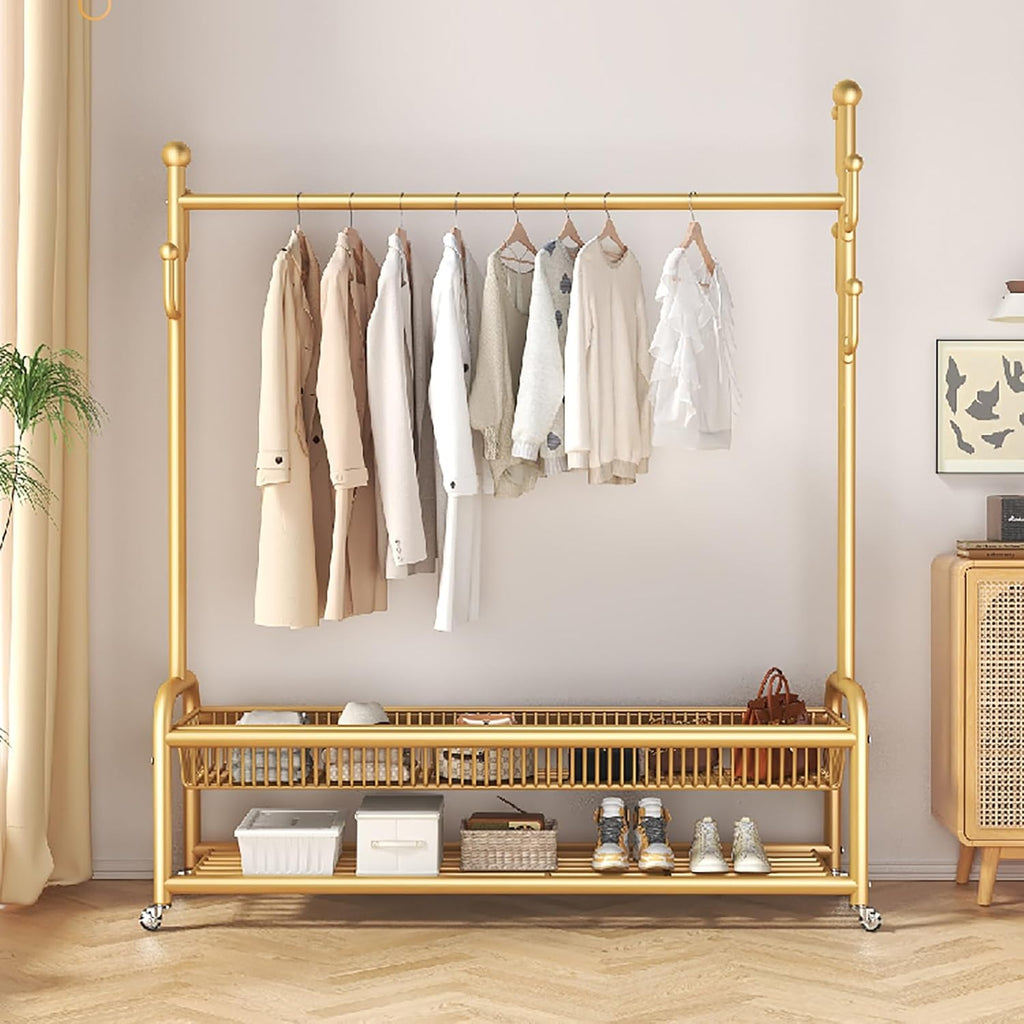 Clothes Rack With Wheels,Garment Rack With Storage Shelves And Coat/Hat Hooks,Hanging Racks For Clothes,Freestanding Rolling Clothing Organizer For Bedroom Living Room(Black,80cm(31.5in))