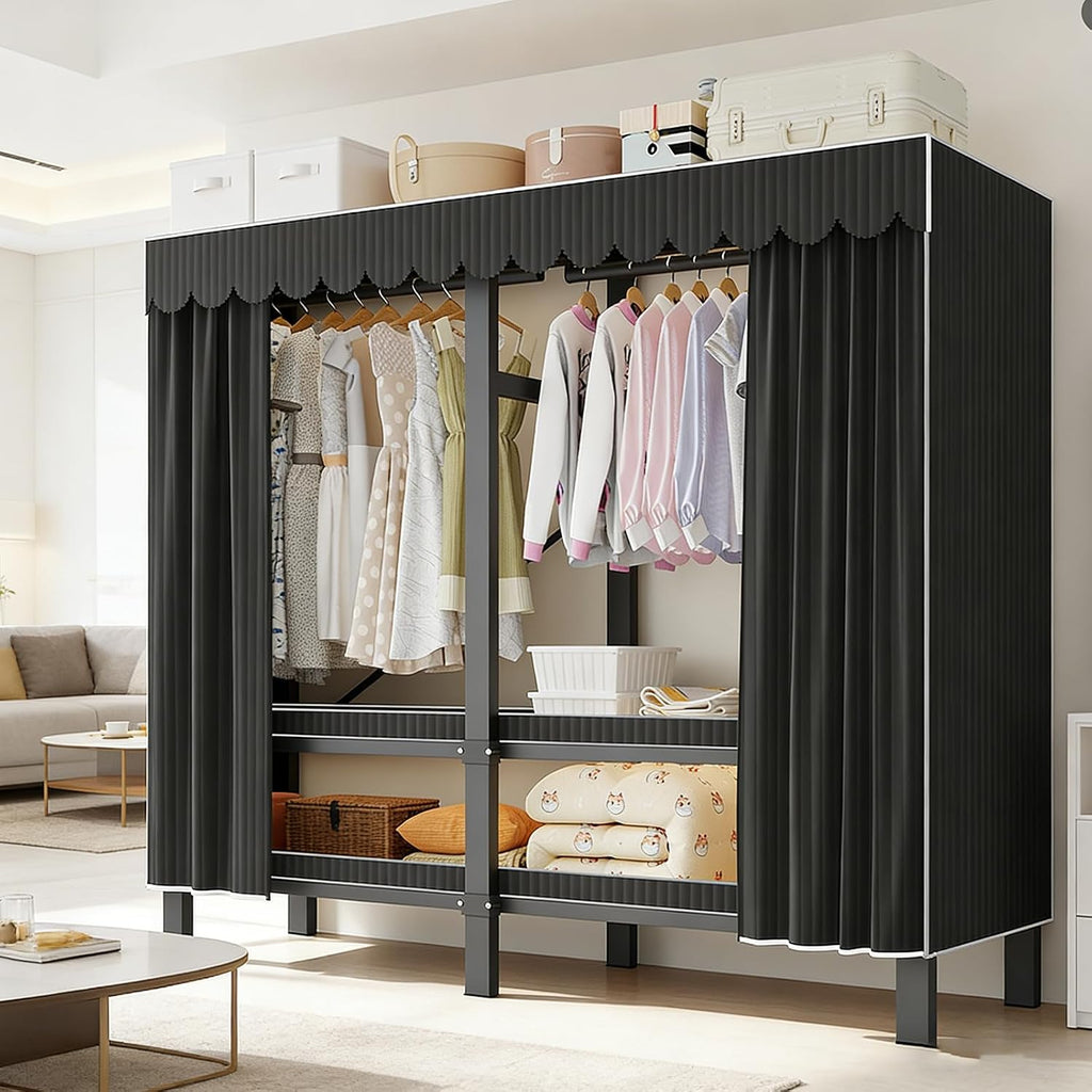 59.1in Foldable Portable Wardrobe ClosetS for Hanging Clothes Heavy Duty Garment Rack with Cover Folding Metal Clothing Racks Freestanding Collapsible Large Covered Armoire (black, 59.1in/150cm)