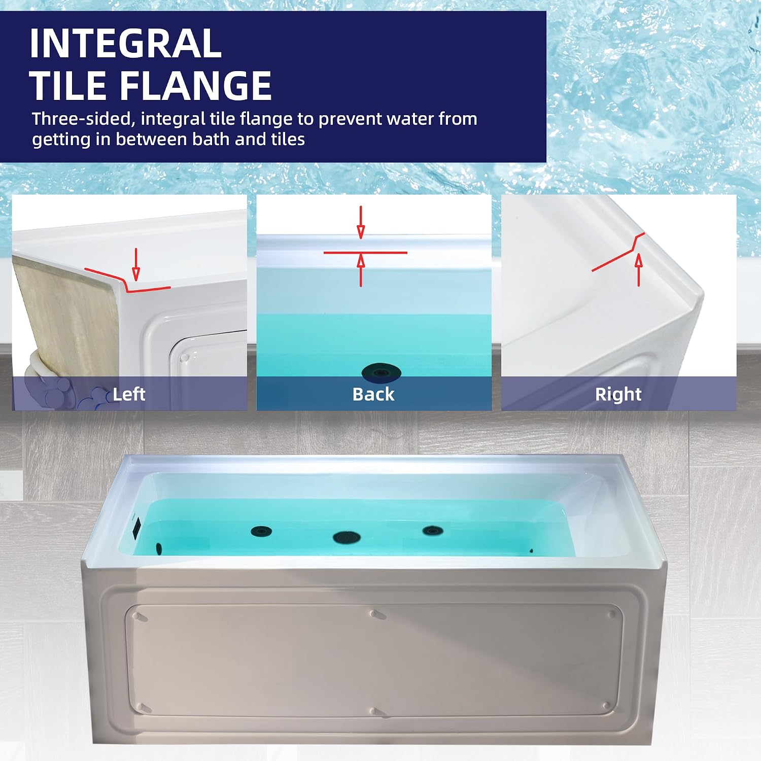 WOODBRIDGE 60' x 30' Alcove Acrylic Rectangular Whirlpool Heated Jetted Tub in White with Left Drain, Matte Black Finish, BS428-L-MB02