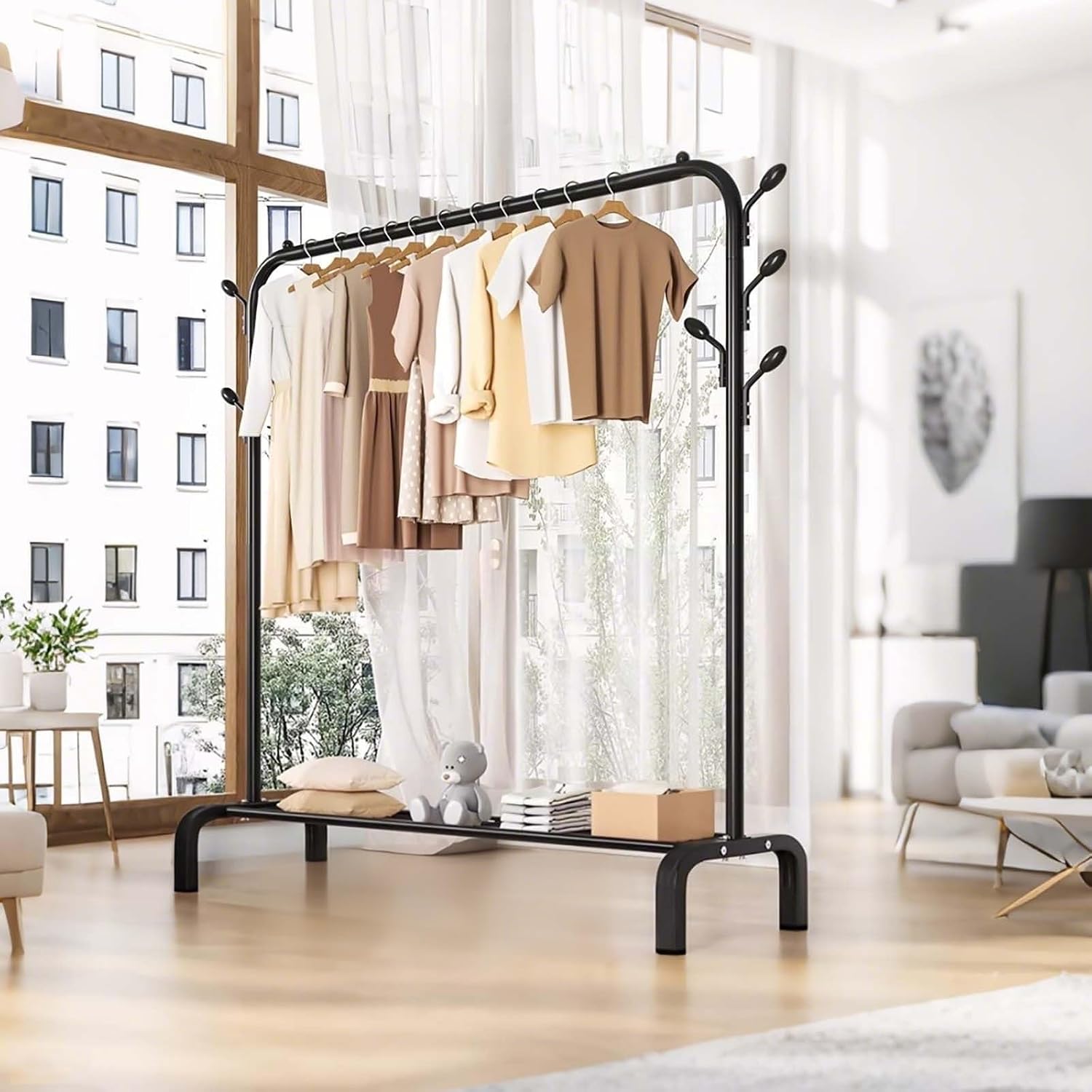 Clothes Rack,Clothing Rack For Hanging Clothes,Metal Garment Rack With Storage Shelf,Free Standing Coat Rack With Hooks,Black(Black,150cm/59in)