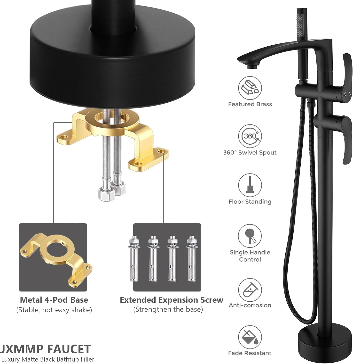 Freestanding Bathtub Faucets, Matte Black Stainless Steel Floor Mount Tub Filler with 360 Swivel Spout and Handheld Shower, High Flow Bathtub Faucet Set JXM-F001BK