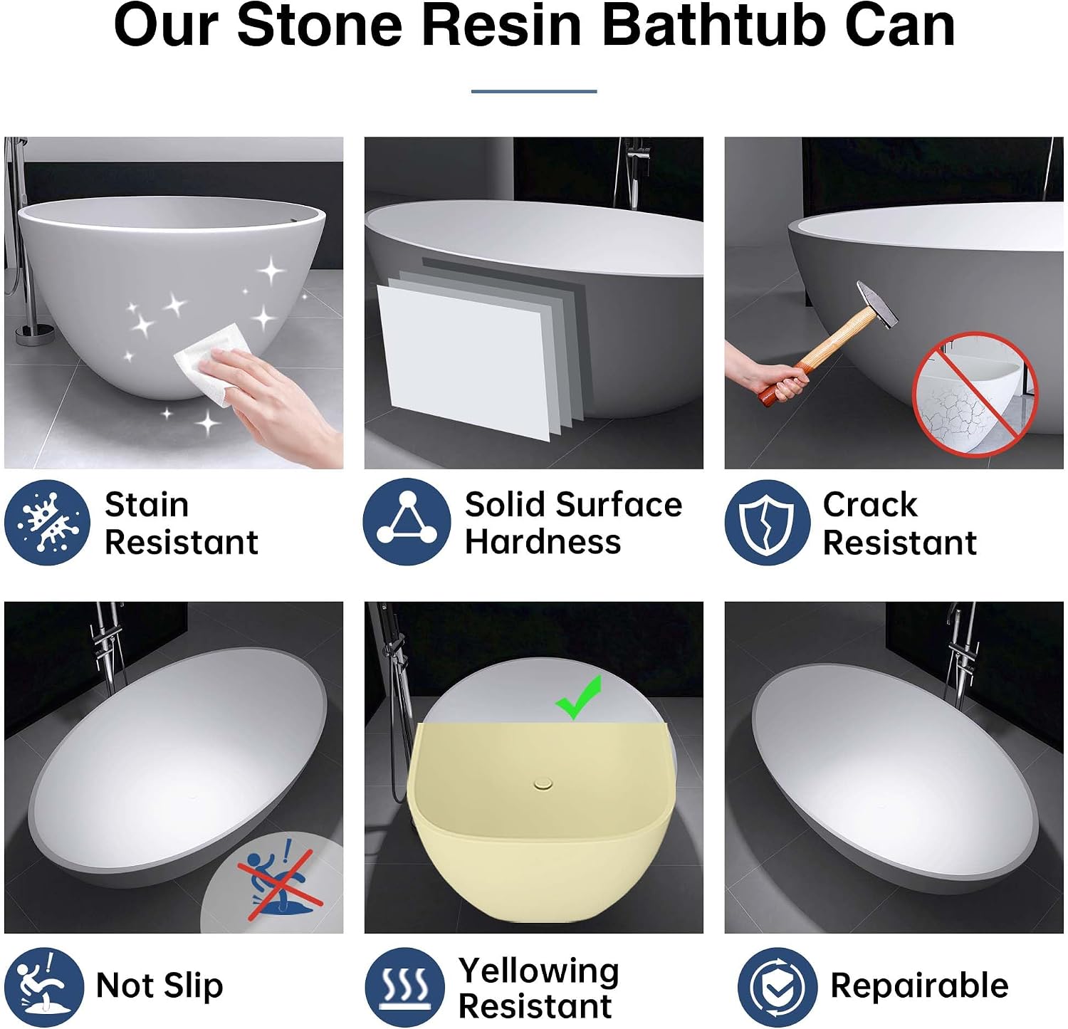 67' x 39' Freestanding Solid Surface Resin Stone Bathtub, Modern Design Stand Alone Tub with Pop Up Drain and Overflow, Matte White 301MW1700