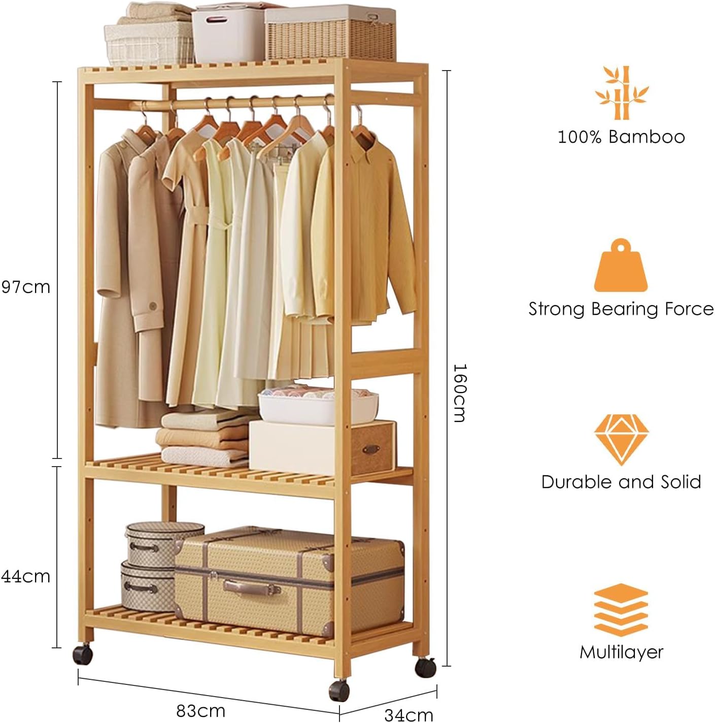 Bamboo Clothing Rack on Wheels, Rolling Clothes Rail Rack with Adjustable Storage Shelves and Hanging Rails, Free Standing Garment Rack for Bedroom Living Room