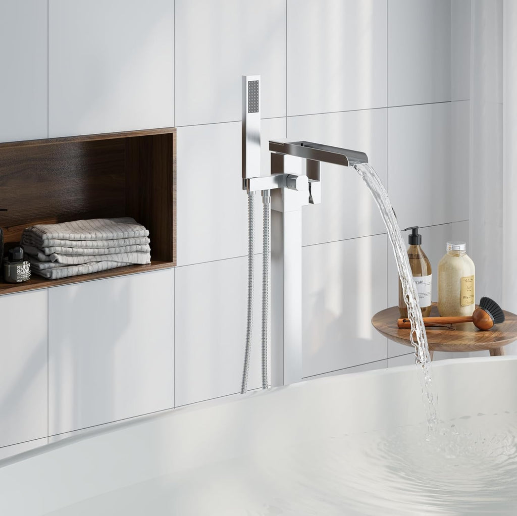 HAWKROWN Freestanding Bathtub Faucet, Floor Mount Bathtub Faucet with 2 Water Outlet Modes, Swivel Gooseneck Spout with Hand Shower,Single Handle, Max Flow Rate 7.4 GPM (Waterfall-Brushed Nickel)