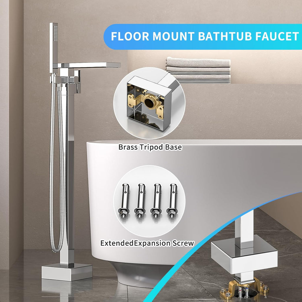 Freestanding Bathtub Faucet with Handheld Spray Single,High Flow Waterfall Bath Shower Faucet,Floor Mount Bathtub Faucet Swivel Flat Waterfall Spout Polished Chrome