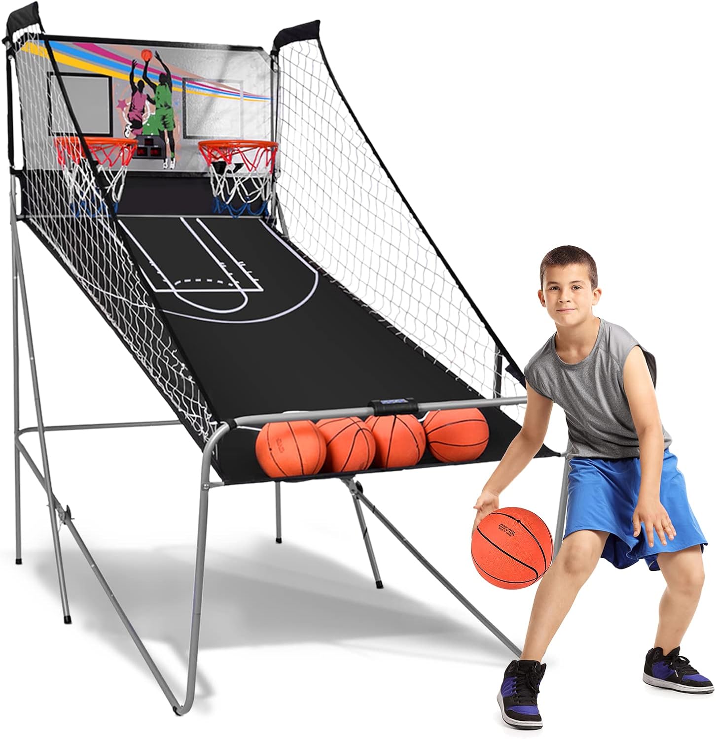 Goplus Foldable Dual Shot Basketball Arcade Game, Basketball Hoop Game w/Electronic Scoring, 8 Game Modes, 4 Balls, Indoor Outdoor Electronic Basketball Game Machine for Kids Adults (Black)