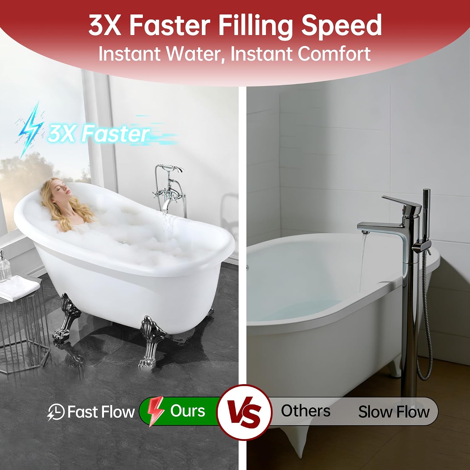 SUMERAIN Waterfall Freestanding Bathtub Faucet with Hand Shower, Antique High Flow Floor Mount Tub Filler Solid Brass, Chrome Finish