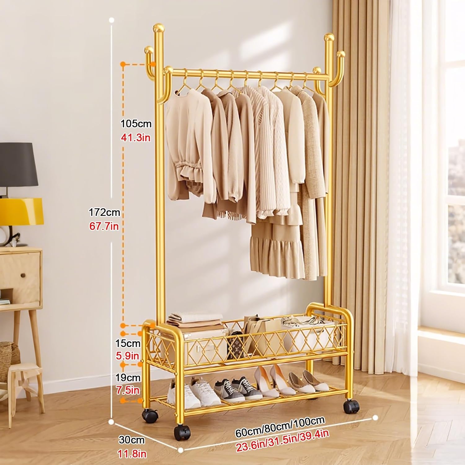 Clothes Rack With Storage Bottom Shelves And Coat/Hat Hooks,Garment Racks,Freestanding Rolling Clothes Organizer On Wheels For Hanging Clothes,For Bedroom Living Room(Black,100cm(39.4in))
