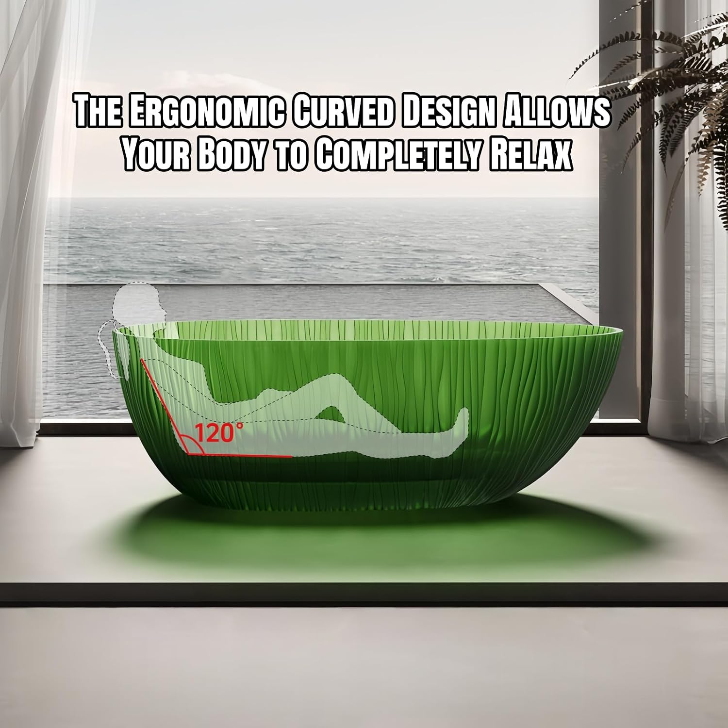 67' Edeyeu Freestanding Bathtub - Shaped Solid Surface Bathtub With Ripple Lines, Extra Deep Soaking Tub, Free Standing Stand Alone Tub With Heat Retention For Modern Bathroom Spa Desig Green A
