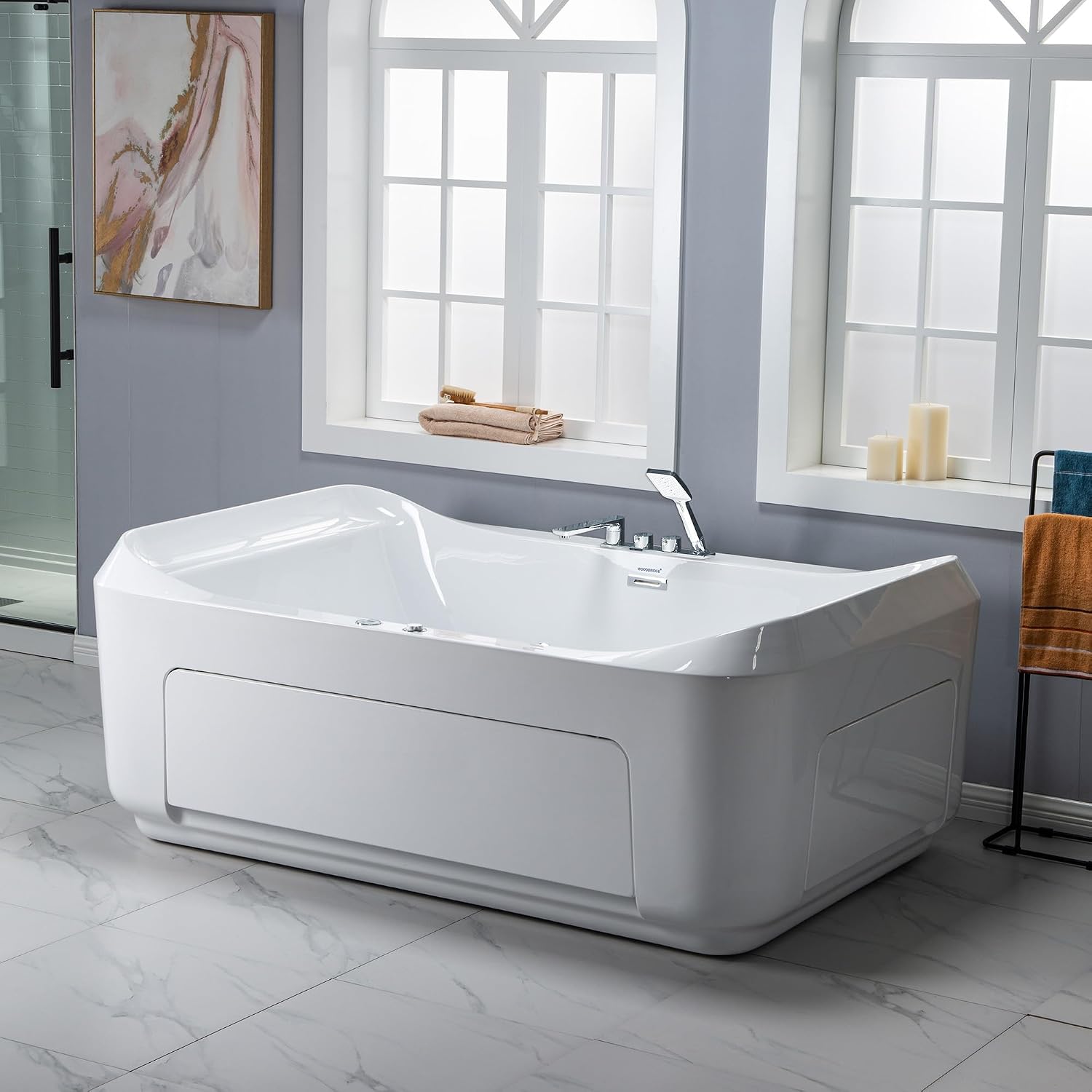WOODBRIDGE 70-7/8'L x 47-1/4'W 2 Person Freestanding Hydrotherapy Whirlpool and Air Bath Heated Soaking Combination Massage Tub with Adjustable Speed Air Blower and Display Control Panel, B0091