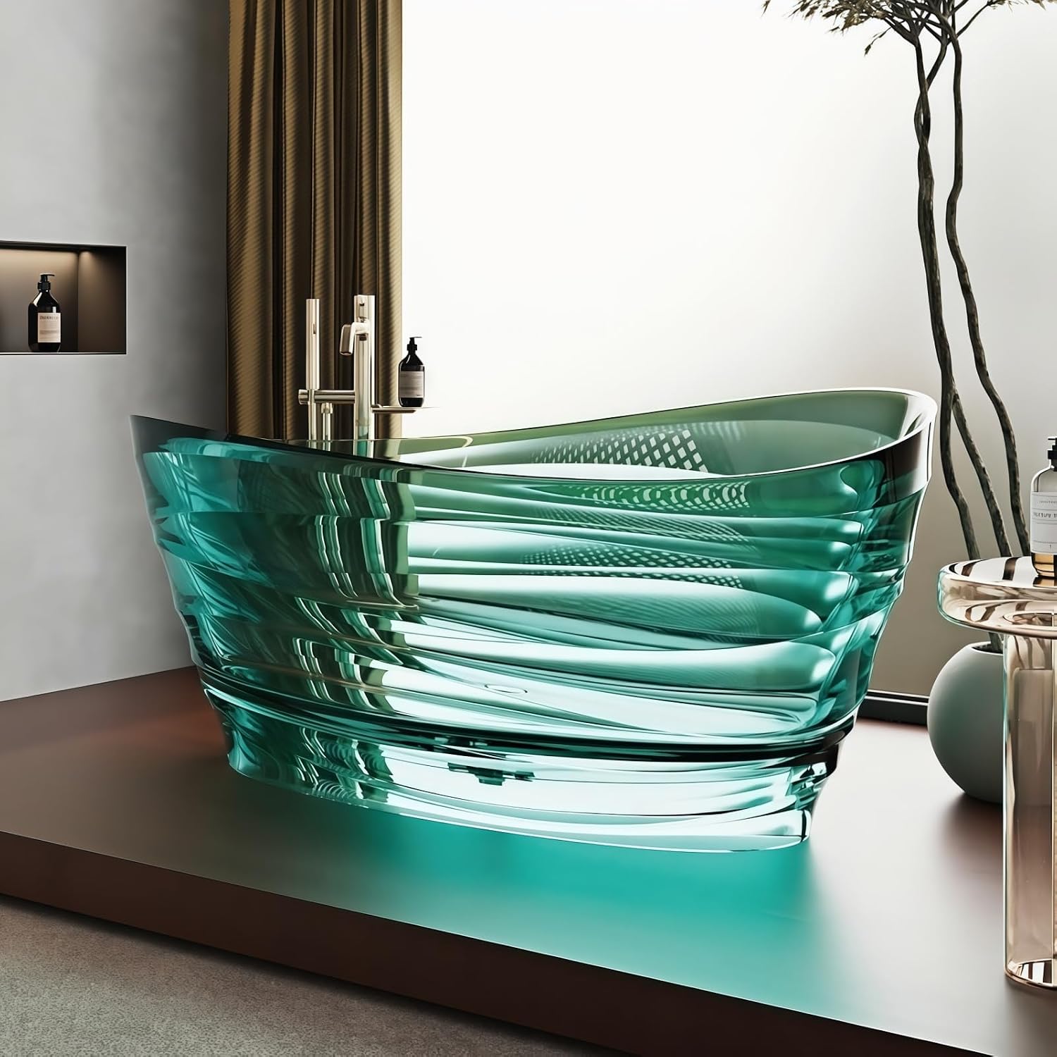 Freestanding Bathtub – Solid Surface Bathtub Soaking Tub With Wave-Texture Resin, Extra-Deep Free Standing Tub Design For Modern Spa-Style Stand Alone Bathrooms (64',Green)