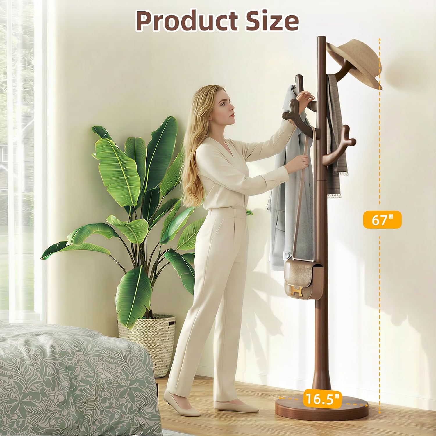 CozyDH Walnut Premium Solid Wood Freestanding Coat Rack, 4 Hooks Creative Tree Branch Look, Sturdy Standing Coat Tree for Entryway Bedroom Hallway Home Decor