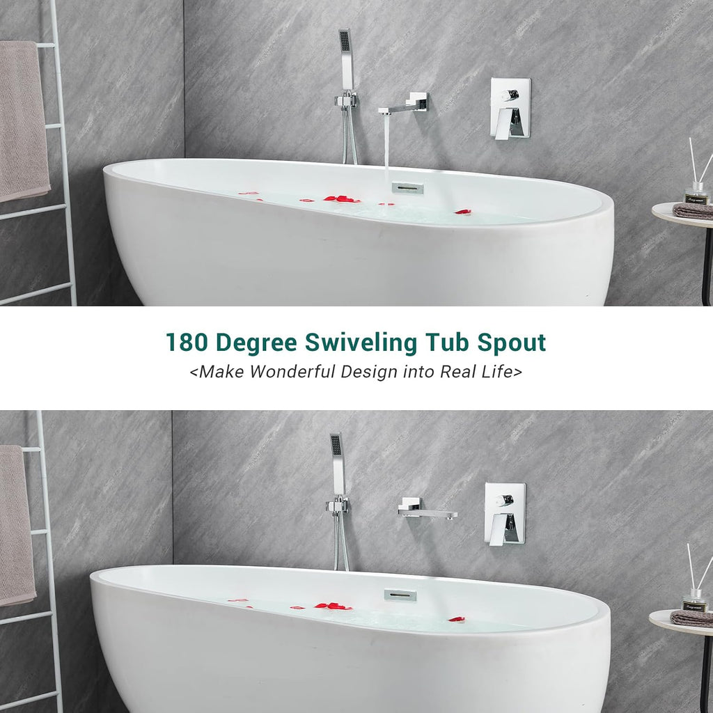 DASAN Swiveling Wall Mount Tub Filler Faucet Set with Hand Held Shower, Chrome Modern Creative Bathtub Faucet Wall Mounted Bath Tub Faucet with High Flow Rough in Valve, SA-TF05WH-PC
