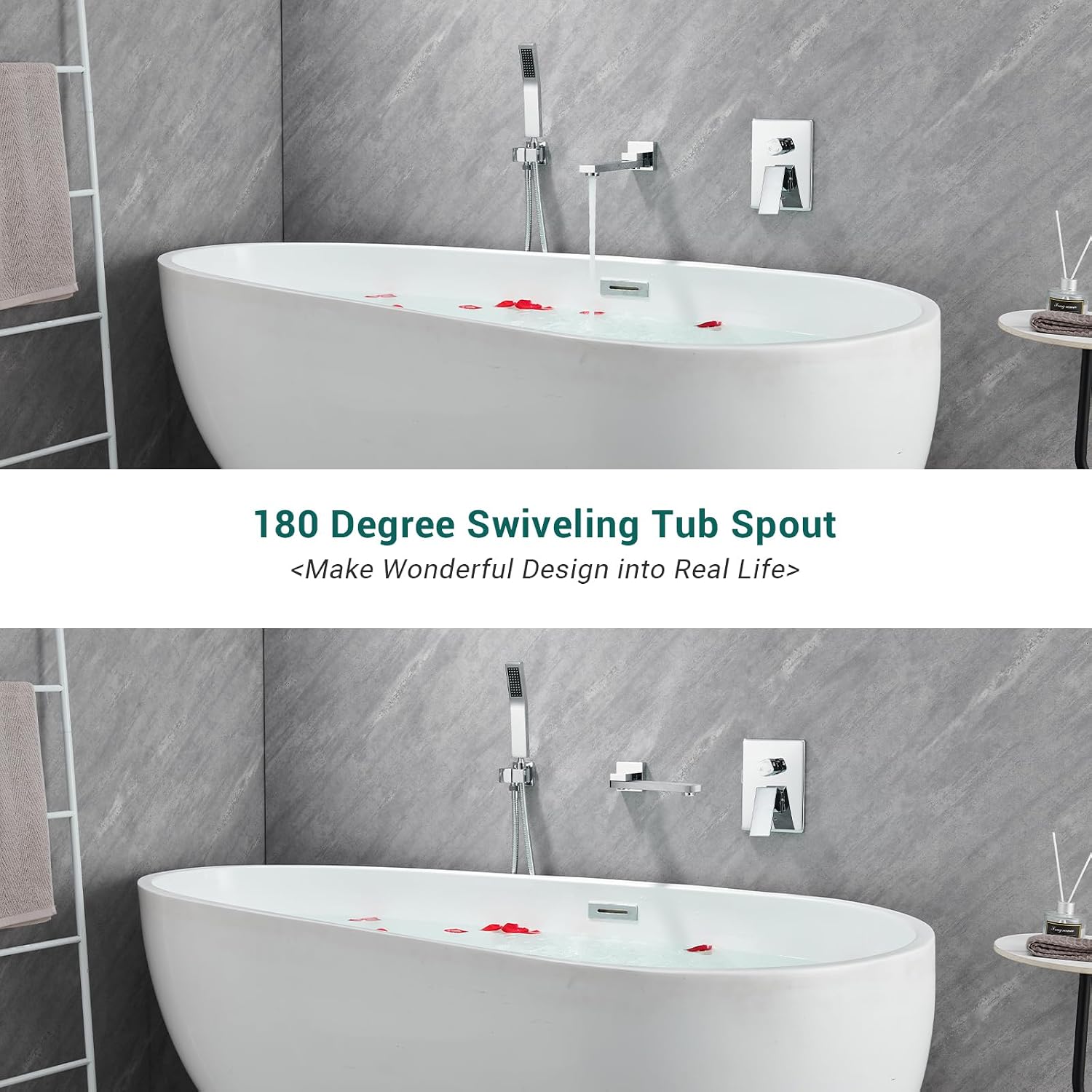 DASAN Swiveling Wall Mount Tub Filler Faucet Set with Hand Held Shower, Chrome Modern Creative Bathtub Faucet Wall Mounted Bath Tub Faucet with High Flow Rough in Valve, SA-TF05WH-PC