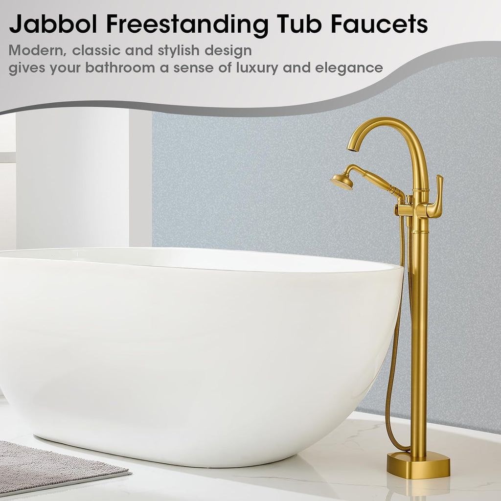 Free Standing Tub Faucet, Jabbol Luxury Freestanding Bathtub Faucet with Sprayer, Brass Bathroom Floor Mount Tub Filler, Brushed Gold (JB-8811BG)
