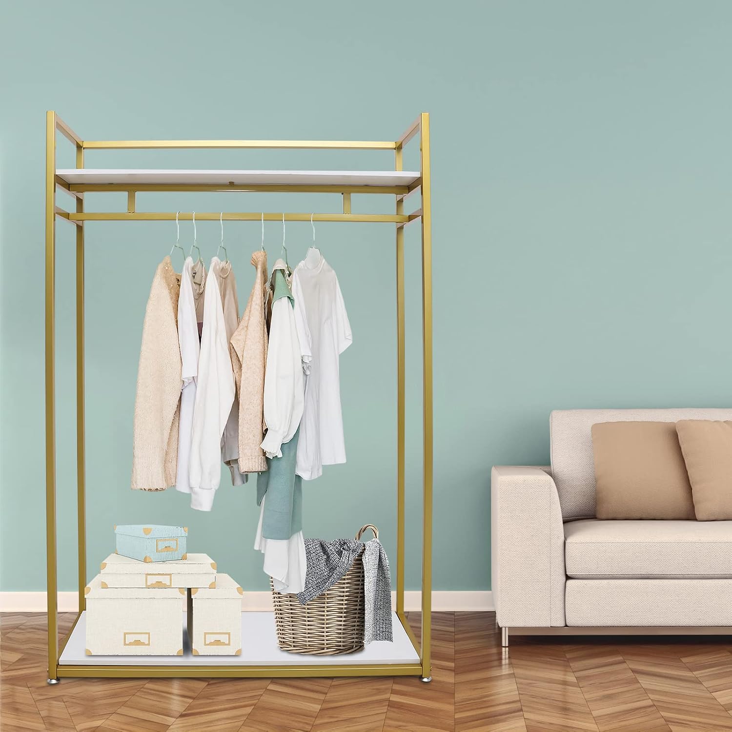 Gold Clothes Rack, Metal Freestanding Garment Rack Clothes Display Storage Stand Wardrobe Closet for Hanging Clothes Heavy Duty Garment Rack for Bedroom Closet Clothes Or Retail