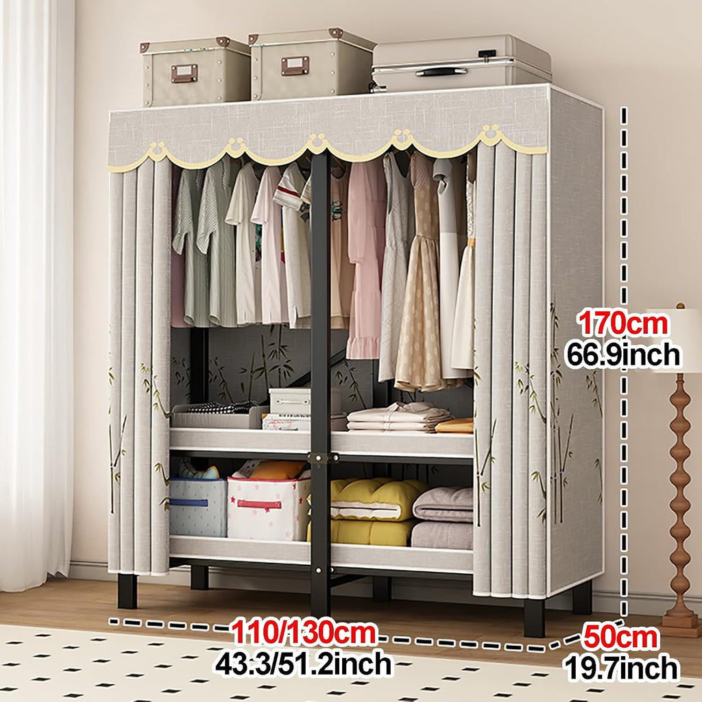 Portable Wardrobe Closet With Cover, Foldable Clothes Rack For Hanging Clothes, Metal Garment Rack, Curtain Clothing Coat Organizer, For Bedroom(110cm/43.3inch)