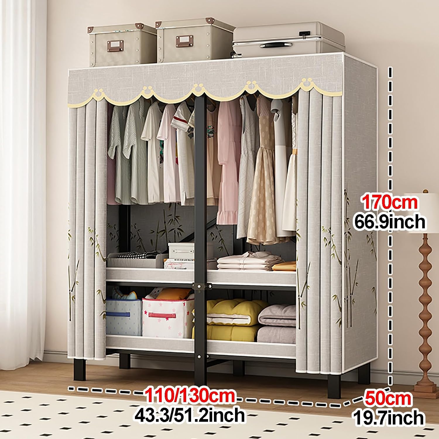 Portable Wardrobe Closet With Cover, Foldable Clothes Rack For Hanging Clothes, Metal Garment Rack, Curtain Clothing Coat Organizer, For Bedroom(110cm/43.3inch)