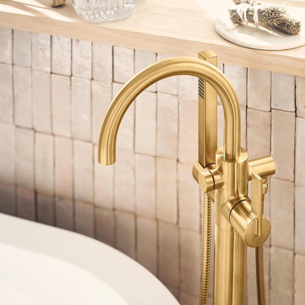 Moen Cia Brushed Gold One Handle Freestanding Floor Mount Tub Filler with Handshower, 615BG