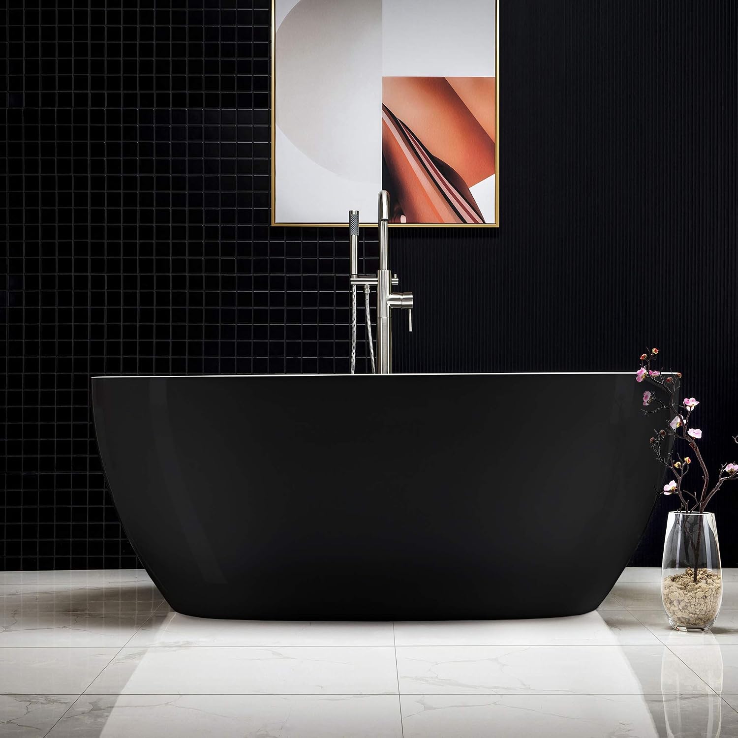 WOODBRIDGE 59' Acrylic Freestanding Bathtub Contemporary Soaking Black Tub with Brushed Nickel Overflow and Drain，B1818 Black -B/N-Drain &O