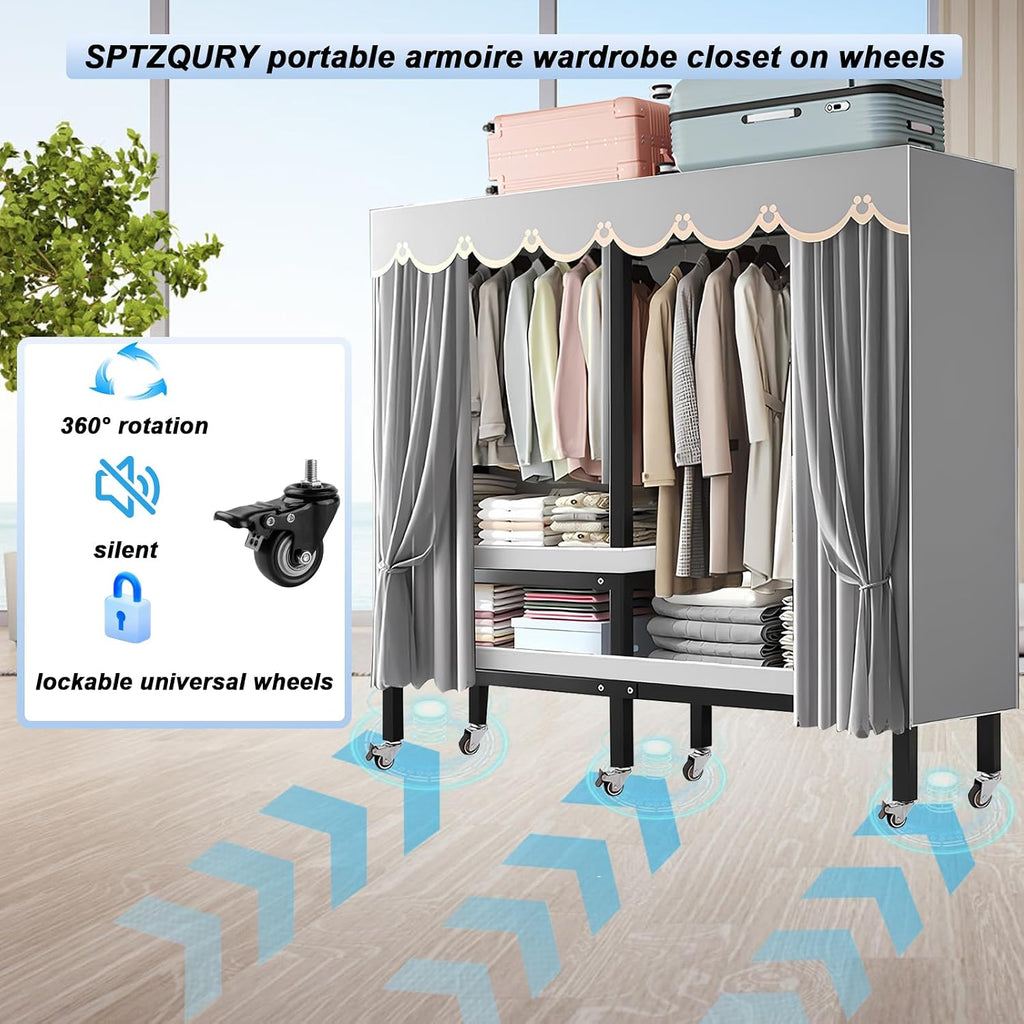 Heavy Duty Rolling Covered Metal Garment Rack with Lockable Wheels and Door, Load 2000lbs, Portable Closets for Hanging Clothes, Large Capacity 360°Enclosed Clothing Racks (B, 59.1in/150cm)