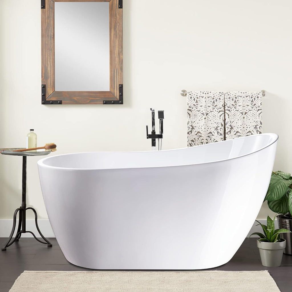 Vanity Art 54 X 28 Inch White Acrylic Freestanding Bathtub | Contemporary Design Soaking Tub with Pop-up Drain and Slotted Overflow Included, UPC Certified VA6525-IO