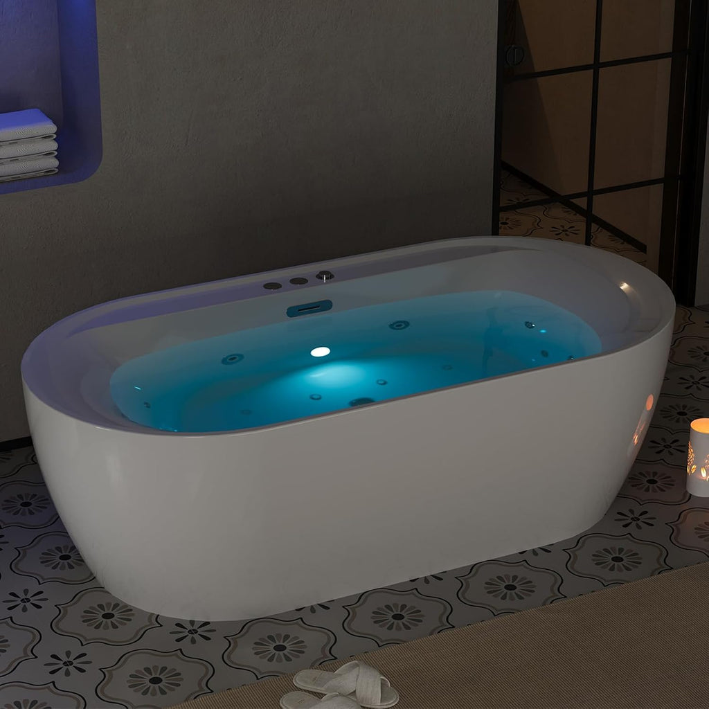 71 Inch Freestanding Jetted Tub,Acrylic Massage Bathtub with 10 Jets and LED Chromatherapy, White Jetted Bath Tub for Modern Bathrooms