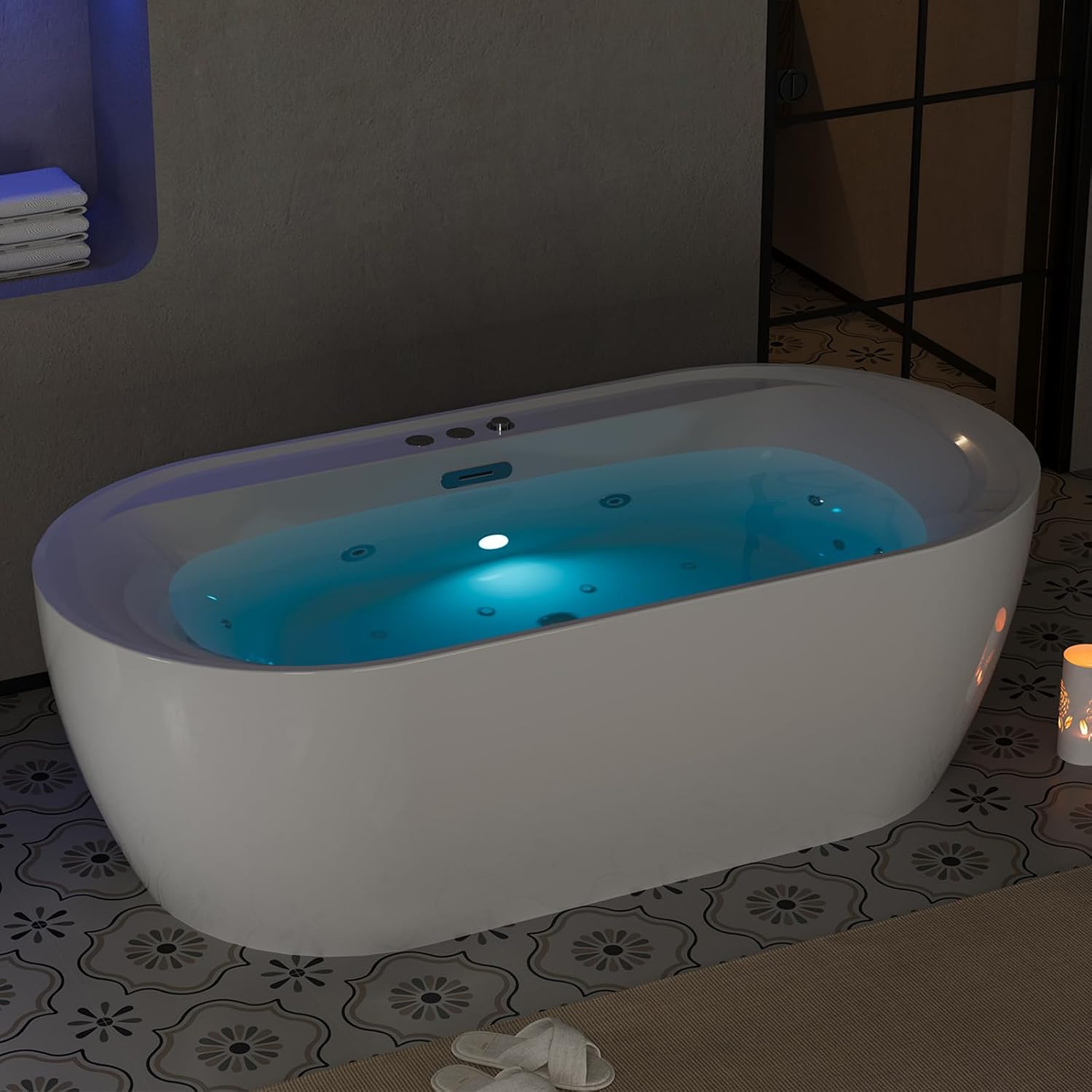 71 Inch Freestanding Jetted Tub,Acrylic Massage Bathtub with 10 Jets and LED Chromatherapy, White Jetted Bath Tub for Modern Bathrooms