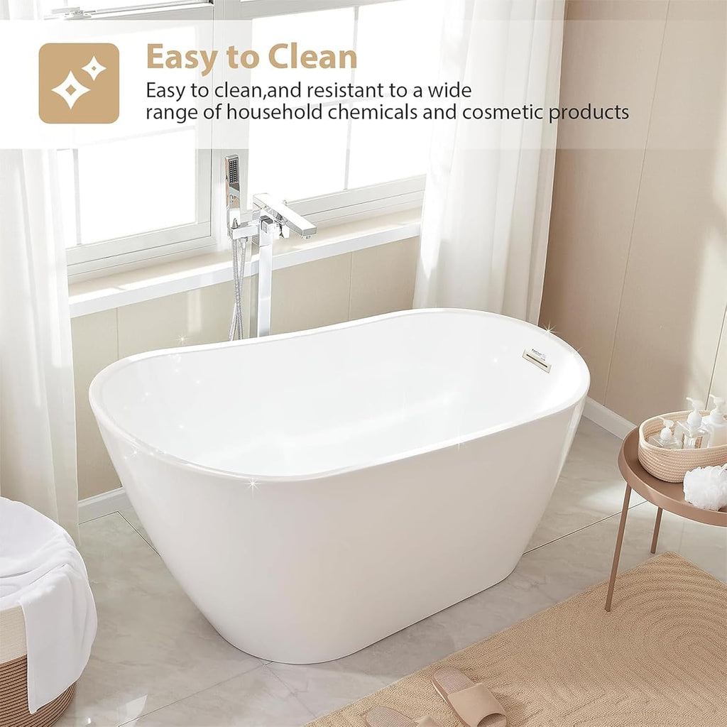 Vanity Art 55 x 28 Inches Freestanding Bathtub White Acrylic Bathtub Modern Stand Alone Soaker Tub with UPC Certified Slotted Overflow and Pop-up Drain for Single Person Bathing