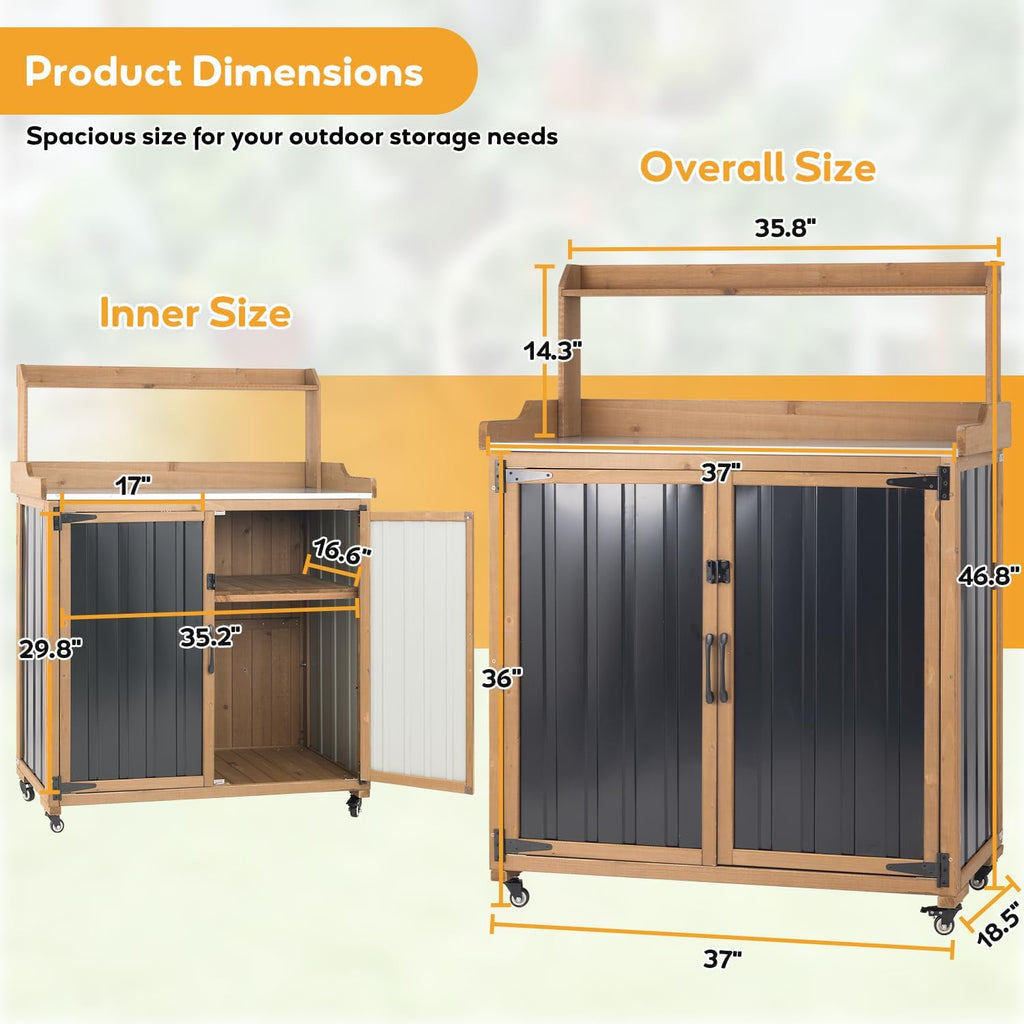 Potting Bench Table & Outdoor Storage Cabinet with Lockable Wheels, Adjustable Shelves, Mobile Waterproof Metal Top Workstation for Garden Patio BBQ Organization, Magnetic Latch & Edge Guard