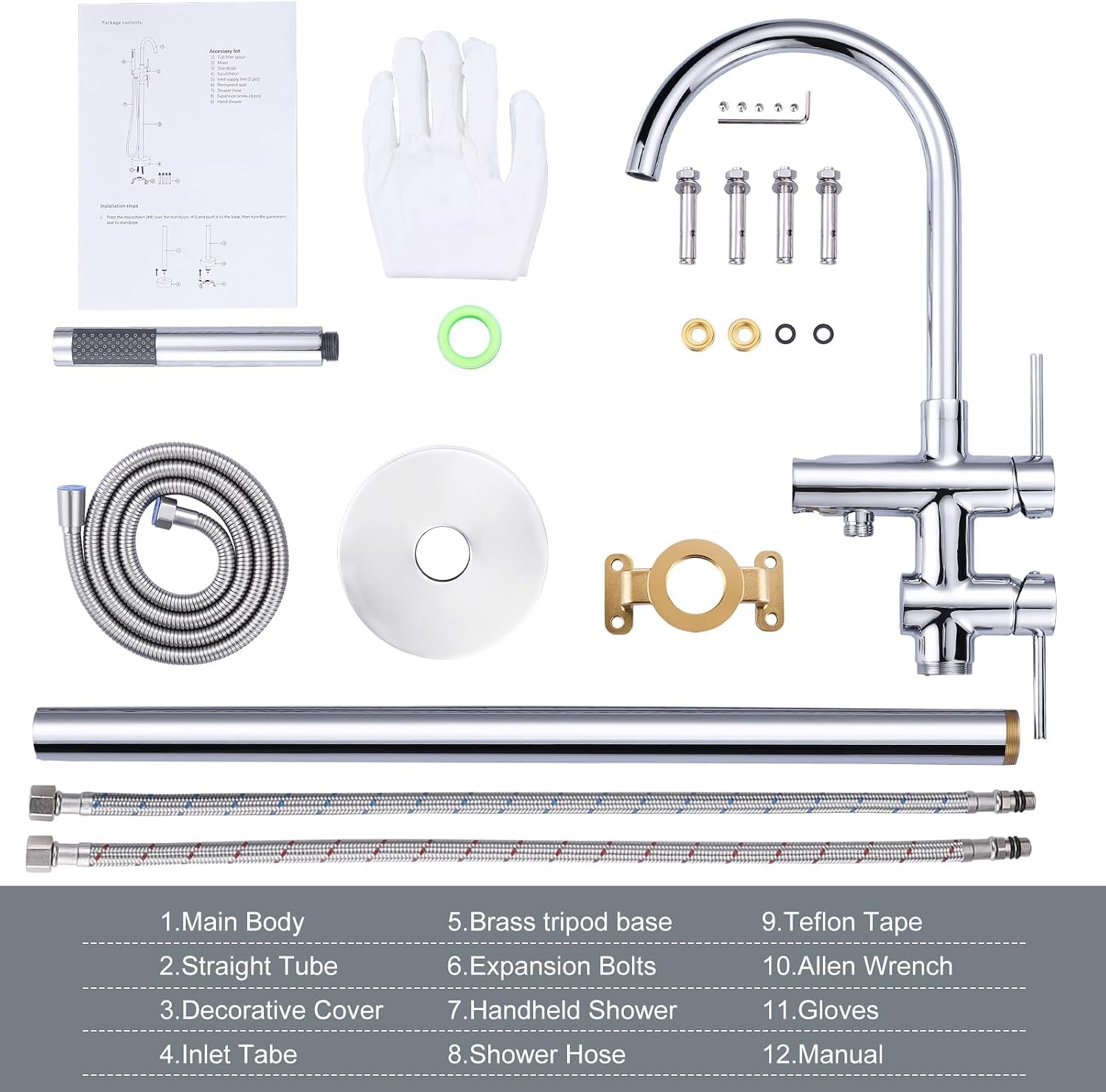 Freestanding Tub Filler Faucet, Floor Mount Chrome Bathtub Faucet with Single Handheld Shower, Brass Shower Tub Faucet Set Complete, Bathtub Faucet with Shower
