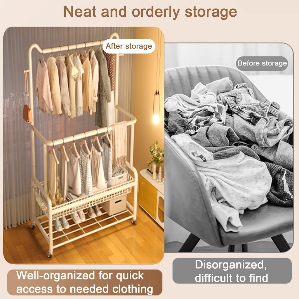 Portable Clothes Rack With Wheels,Metal Garment Rack With Storage Shelves And Coat/Hat Hooks,Freestanding Clothing Organizer Racks For Hanging Clothes,Black/White(White,100cm(39.4in))