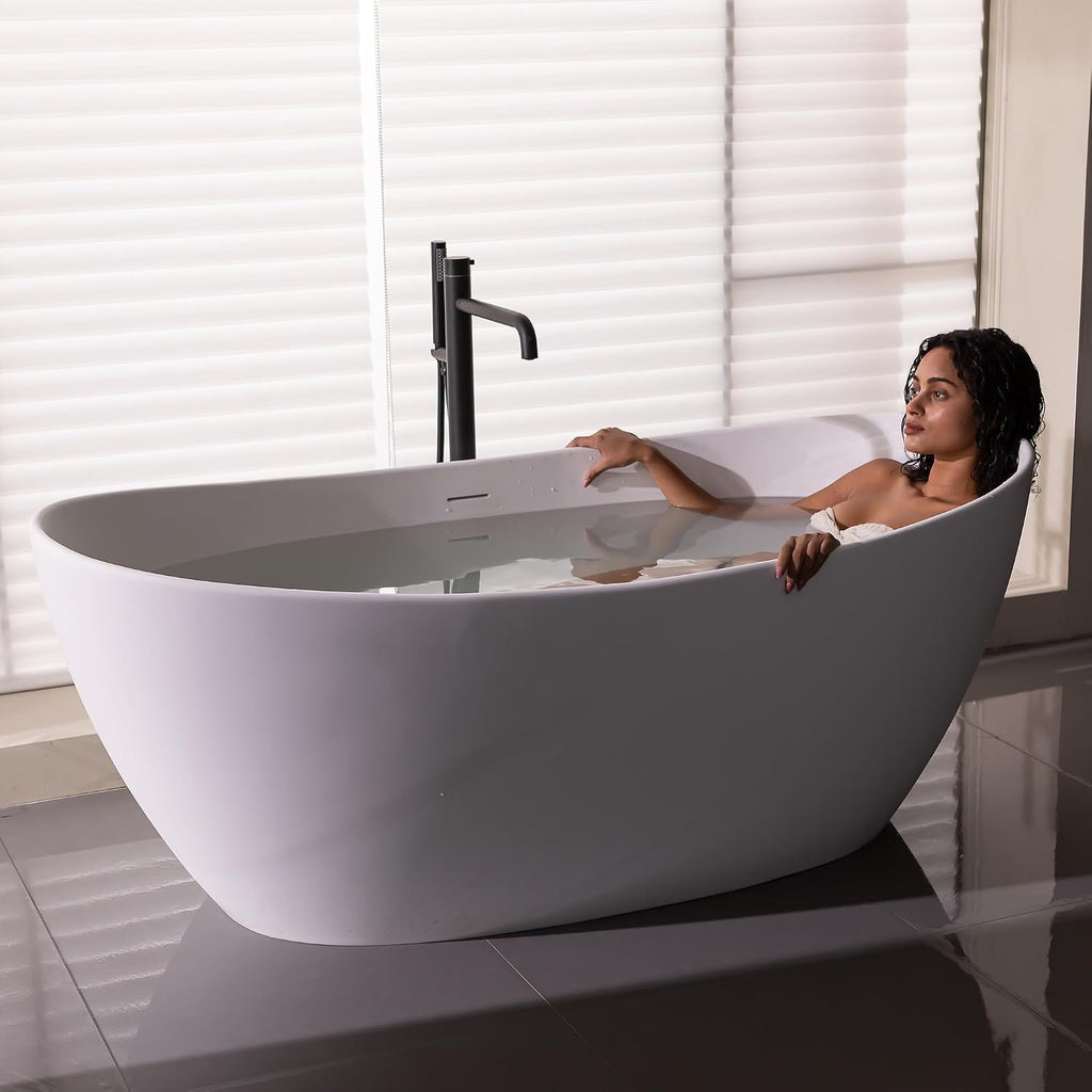 73'' Freestanding Bathtub, Stone Resin Free Standing Tub, High-Back Soaking Tub, Contemporary Design Stand Alone Tub with Pop-up Drain and Overflow, 2 Person Bathtub